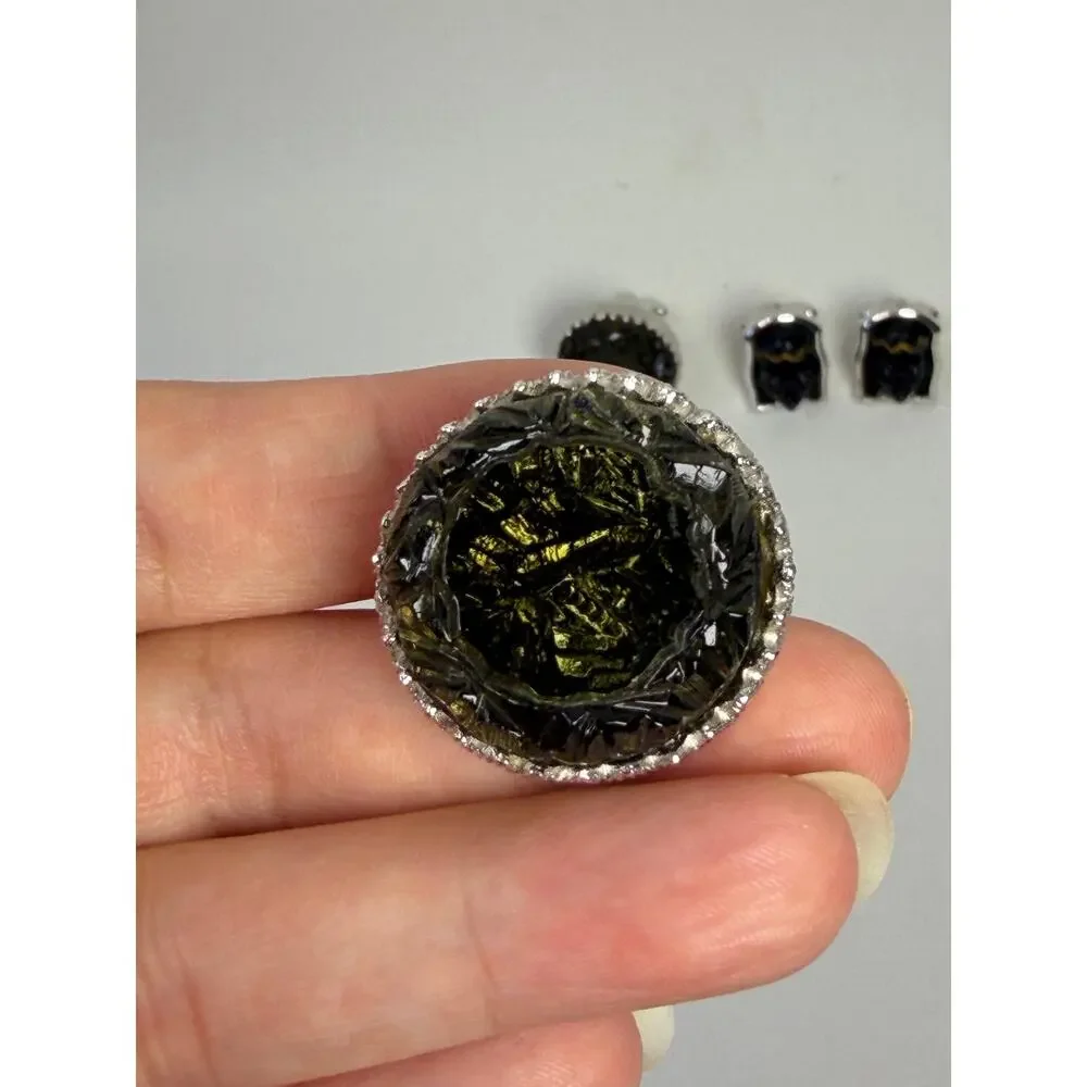 Vintage Shields Cufflinks Selro Blackamoor Princess and Green Glass Silver Tone